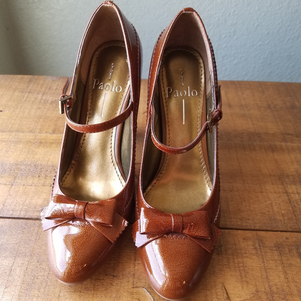 Linea Paolo Brown Metallic Bow Ankle Strap Heels